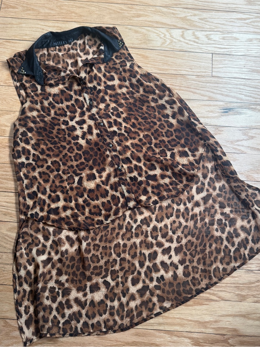 Potter's Pot Brown Leopard Print Sleeveless Top with Black Collar